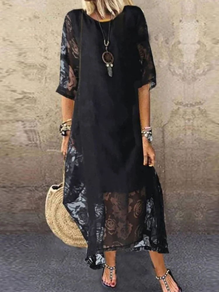 Solid Women Summer Lace Hollow Long Dress Female Half Sleeve Tennis Floral Embroidery Print Maxi Dress Casual Loose Party Dress