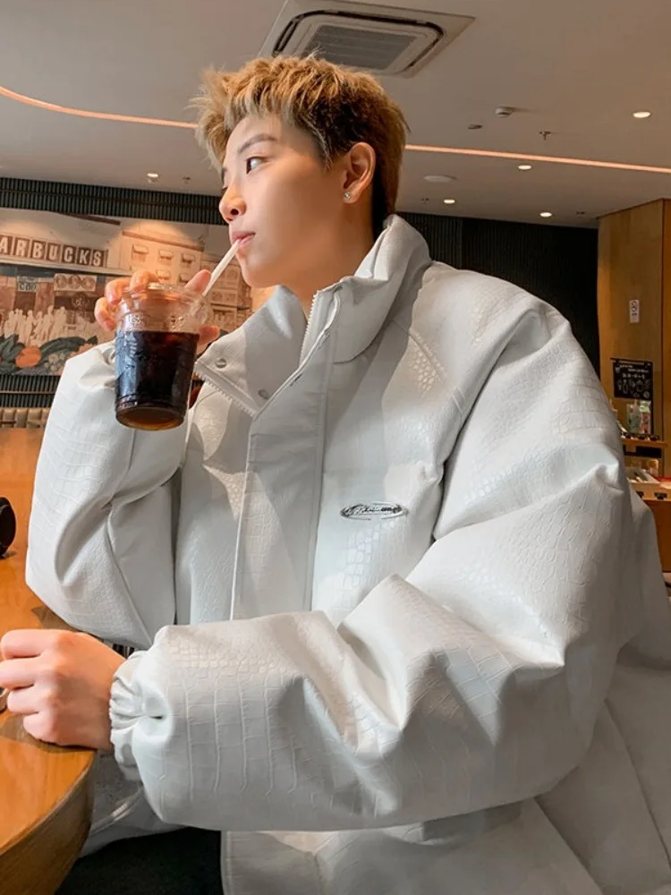 

Crocodile Pattern PU Leather down Cotton Jaet for Men Winter Street Sle Cool Teenage Boys Thi Warm Zipper Closure Coat