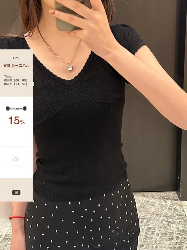 

LZY Zhiyin Black White Short Sleeve V-Neck T-Shirt Women's Inner Wear Top Slim Fit Spring 2025 New Style Fashion Ladies' Tee