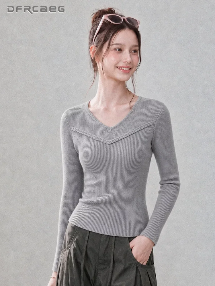 Elegant Red V-Neck Knitted Top For Women Slim Fit Long Sleeve Base Layer Pullover Sweater Clothes