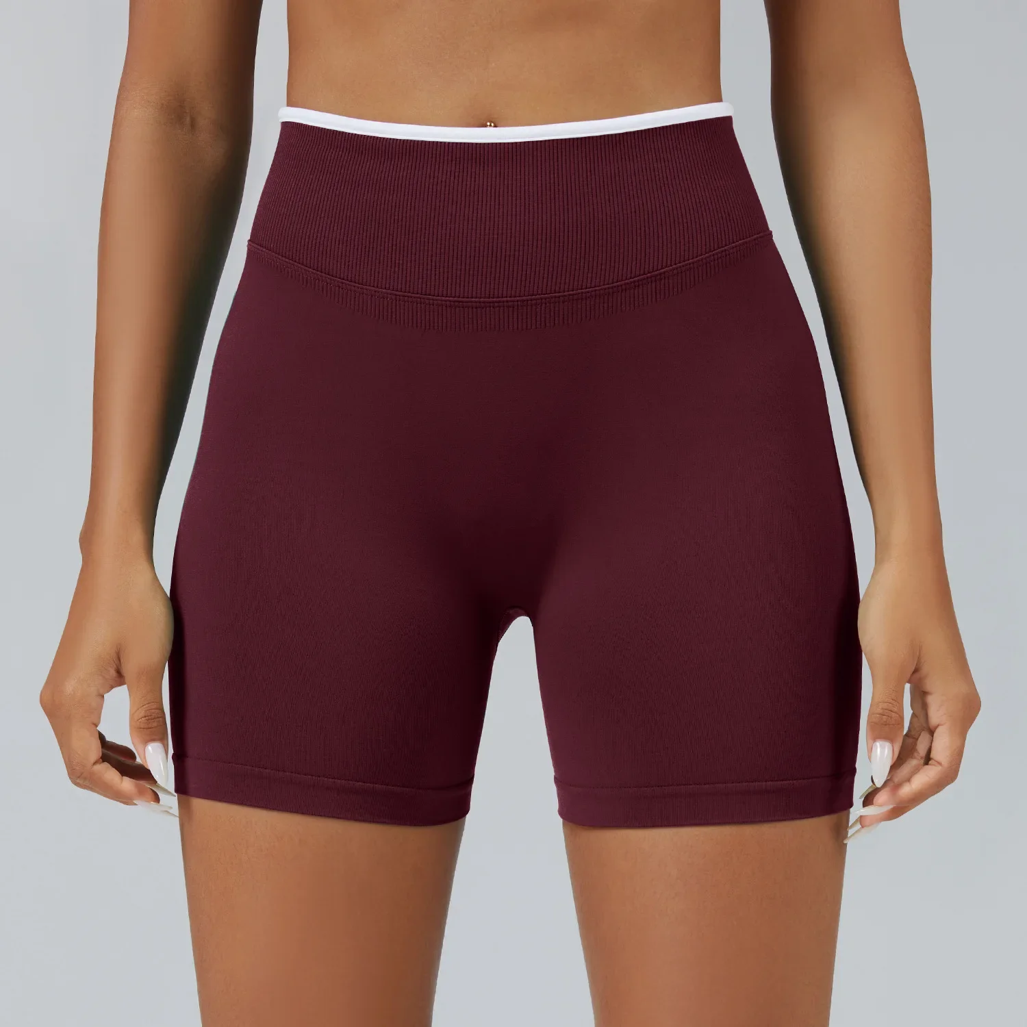 Farbblock-Sport-Yoga-Shorts Nahtlose Hochgeschnittene Sporttights Lauf- und Fitnesshosen Atmungsaktive Schnelltrocknende Sportbekleidung – Detail 11
