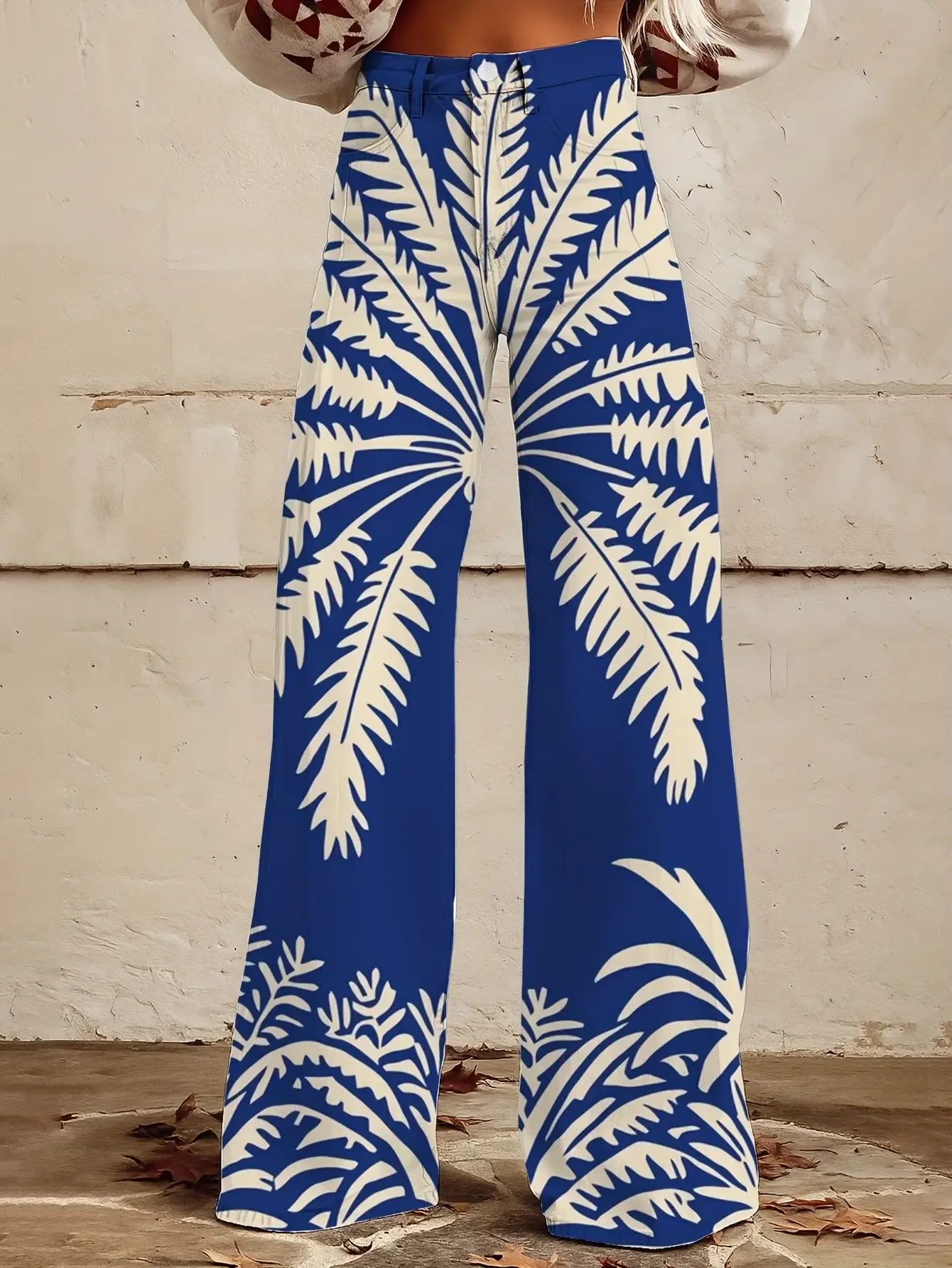 Fashionable and casual tropical rainforest printed loose trumpet imitation jeans