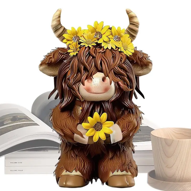 Highland Cow Figurine 3D Highland Cattle Statue Farmhouse Housewarming Decor Small Cute Brown Scottish Resin Figurine for