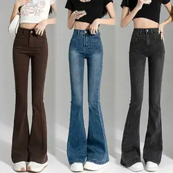 Vintage High Waist Flare Jeans Women 2YK Solid High Street Slim Fit Denim Pants Blue Brown Stretch Flare Casual bottoms trousers