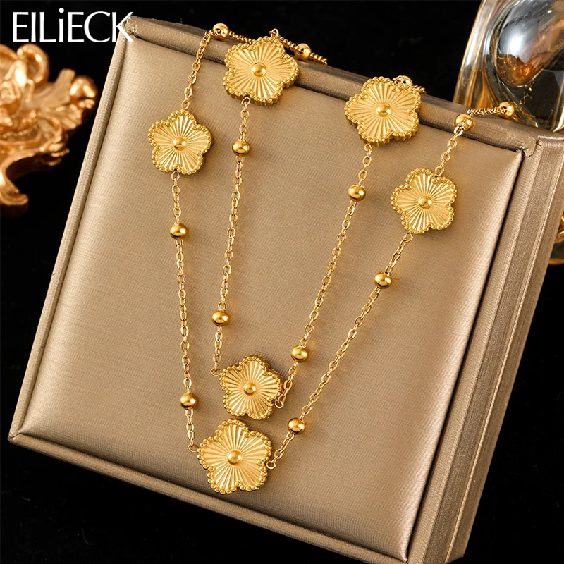 EILIECK 316L Stainless Steel Gold Color Flower Five-Leaf Clover Necklace For Women Fashion Waterproof Neck Chain Jewelry Gift