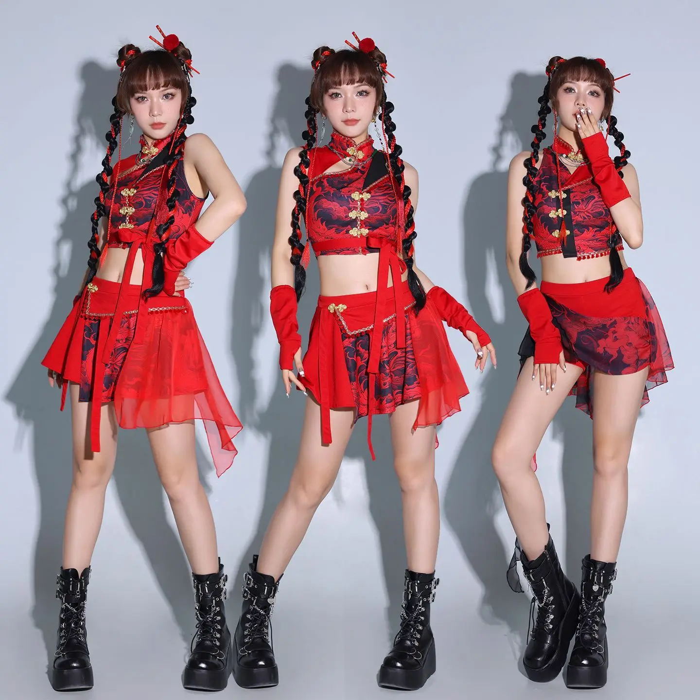 Red Chinese Trend Women Dance Co-ord Set Mandarin Button Lightweight Fabric Slim-Fit Jazz Street Dance Gala Performance Outfit