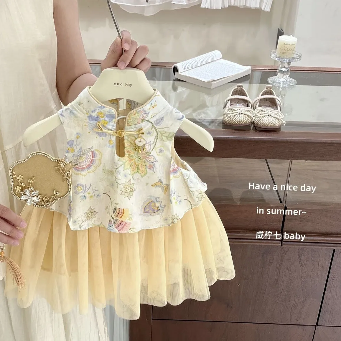 

Girls' Cheongsam Dress Summer Children's National Style Sleeveless Flower Hanfu Girls' Baby Dress