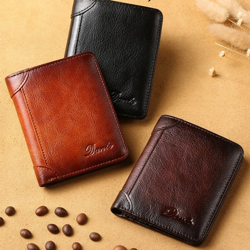 New Men's Wallet Two Fold Vertical First Layer Cowhide Anti-theft Swipe Card Degaussing Leather Wallet Business Popular Wallet