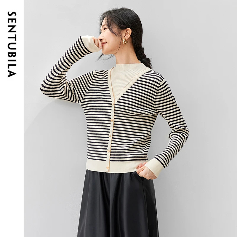 SENTUBILA Spliced Striped 2 w 1 Cardigan for Women 2024 Autumn Casual Loose Stand Neck Long Sleeve Odzież damska W43E56737