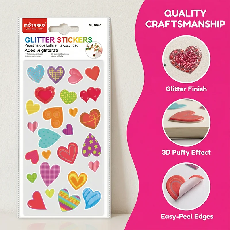 MOTARRO Glitter Stickers 80x160mm, Heart Shape Glittery Decals, DIY Scrapbooking Album Decor Stationery Supplies