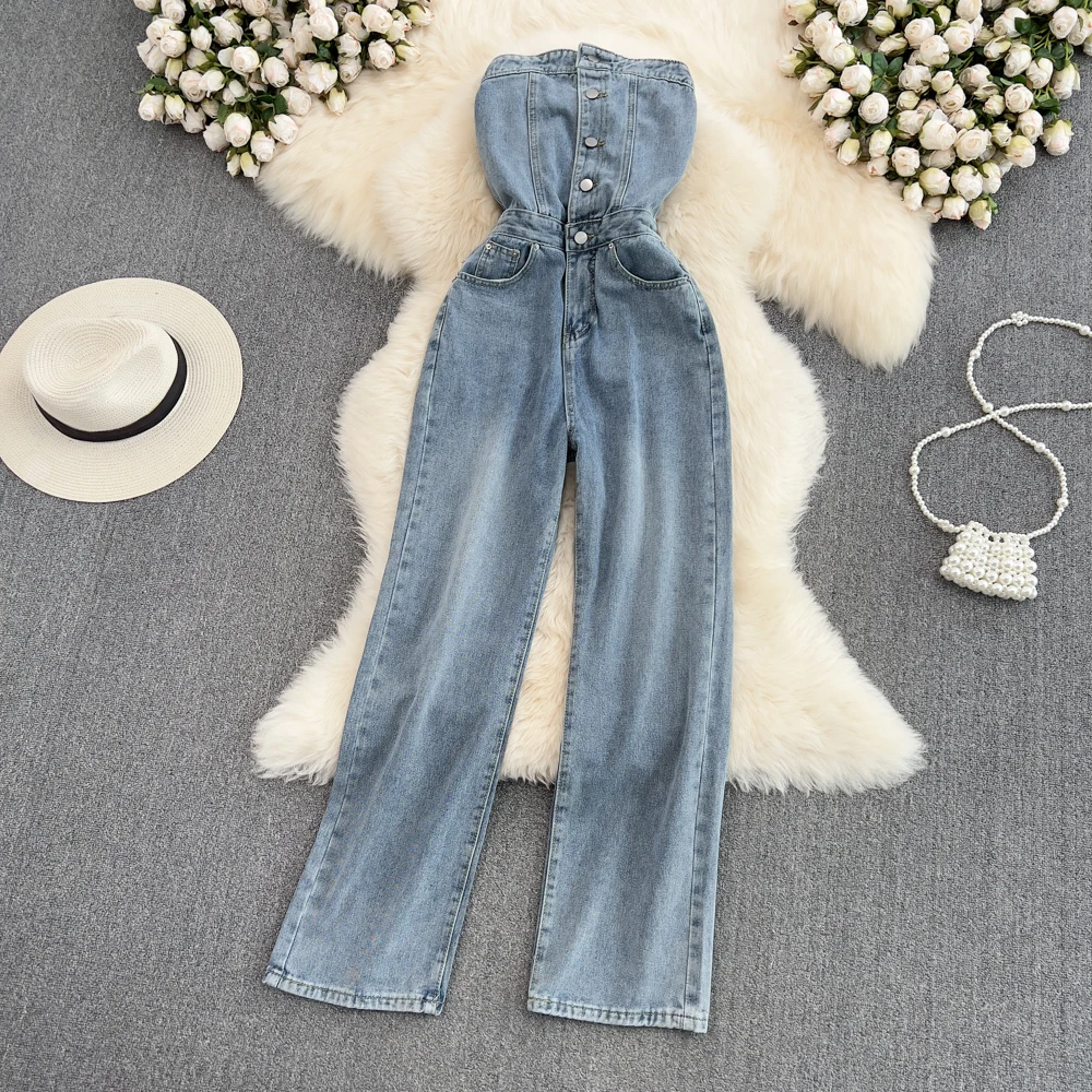 

2023 Summer Korean Vintage Bra Jumpsuit High Waist Open Back Sleeveless Pocket Denim Straight Leg Wide Leg Jumpsuit