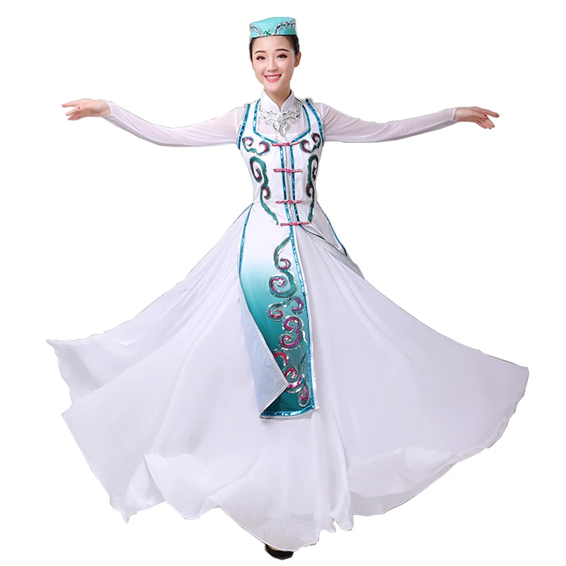 Woman Chinese National Dance Dress Mongolian Dance Costume Lady Vintage Tibetan Stage Performance Clothing Hmong Minority Dress