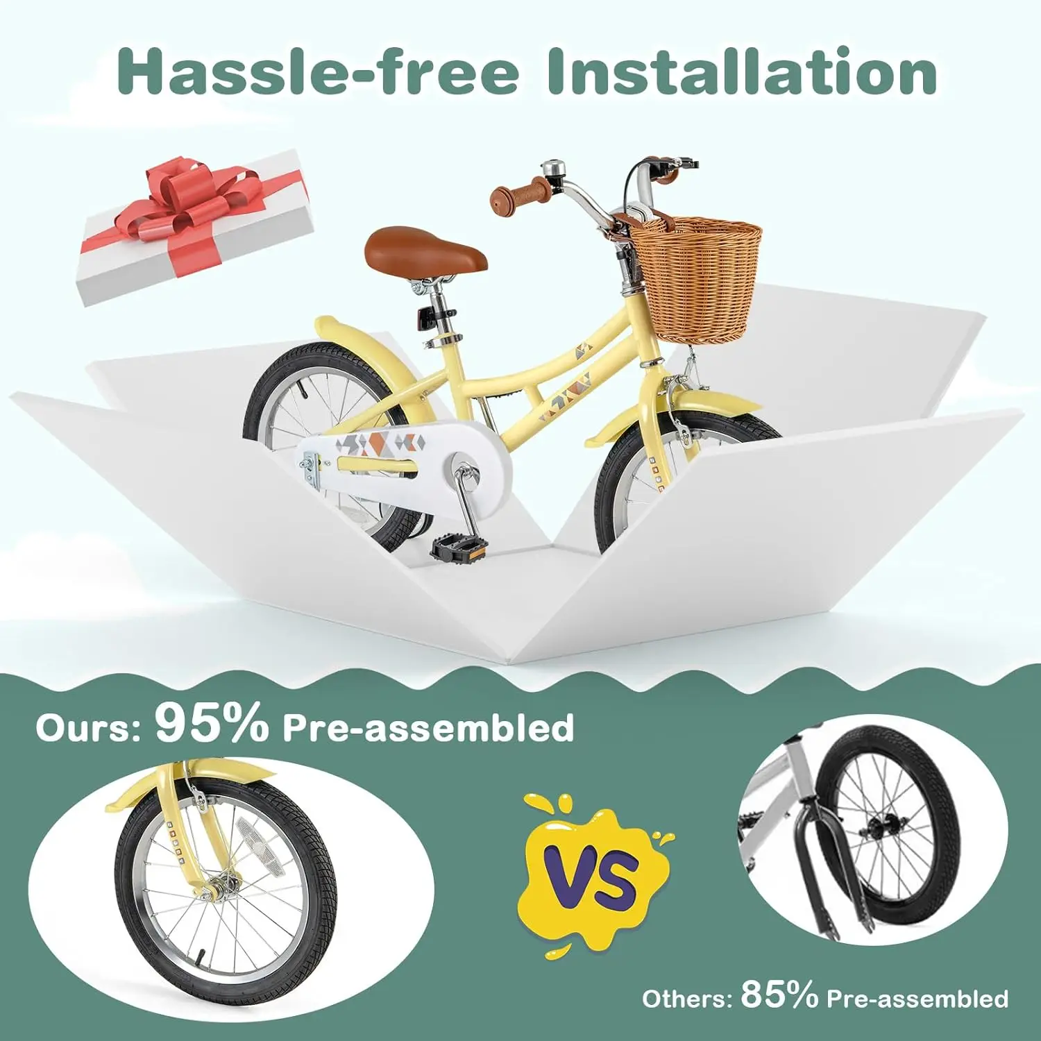 Retro kinderfiets, 12 14 16 18 inch kinderfiets voor 3-8 jaar oud met rotanmand, in hoogte verstelbaar, zijwieltjes, spatborden, Han