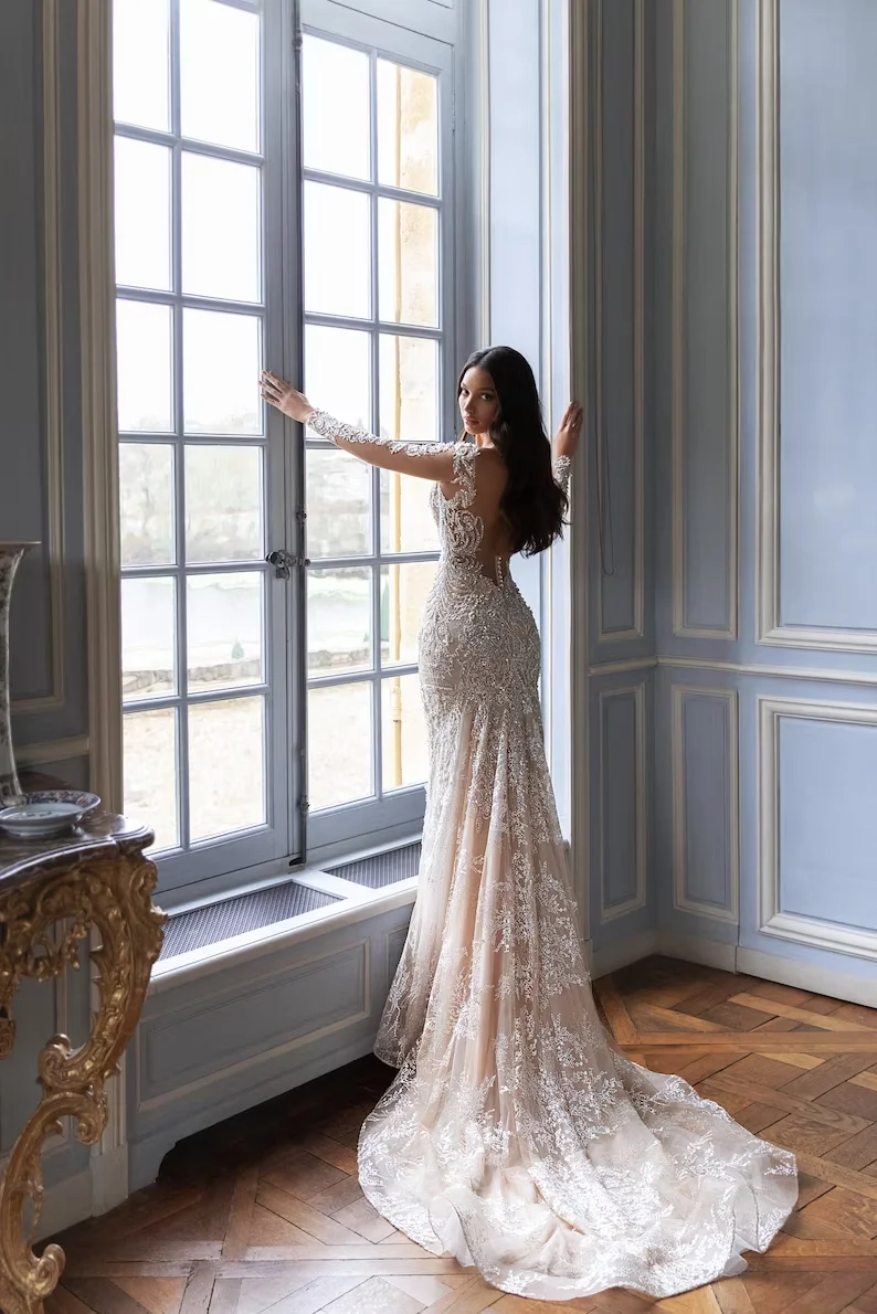 Luxus glänzende Perlen Pailletten Langarm Meerjungfrau Brautkleid rücken freie Spitze Applikationen Brautkleid Frauen Vestidos Novia Robe