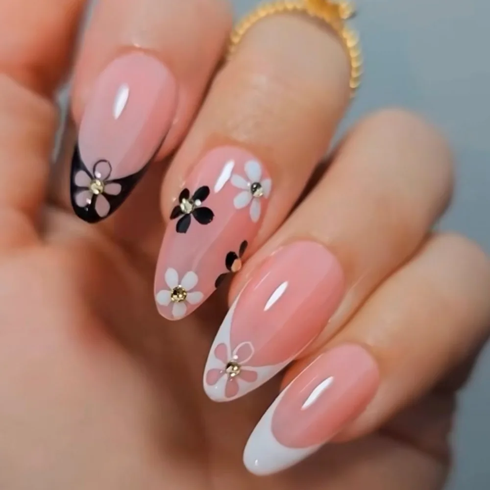 

24Pcs Black White Hollow Flower French False Nails Mid-length Almond Fake Nails Press on Rhinestone Reusable Full Cover Nail Tip