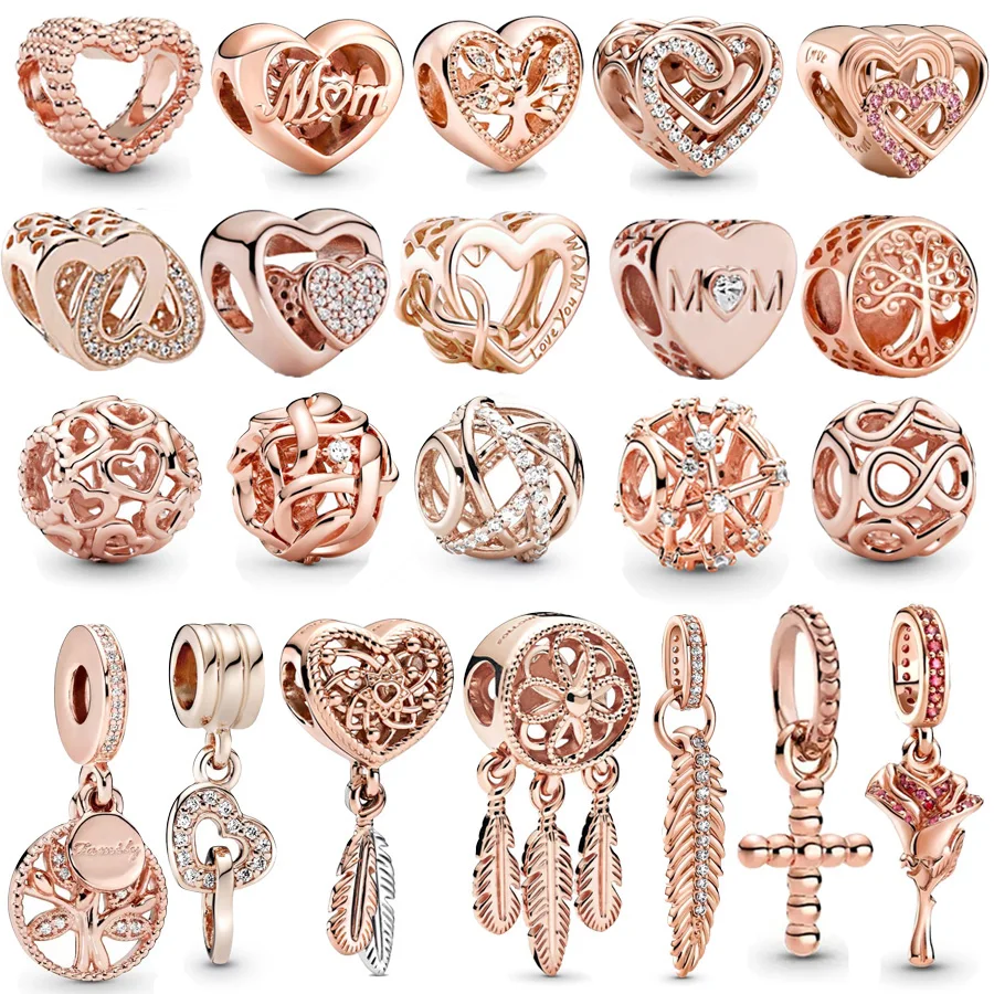 Rose Gold Plated Openwork Heart Round Bead Dreamcatcher Dangle Charms Fit Original pandora Silver 925 Bracelet DIY Women Jewelry