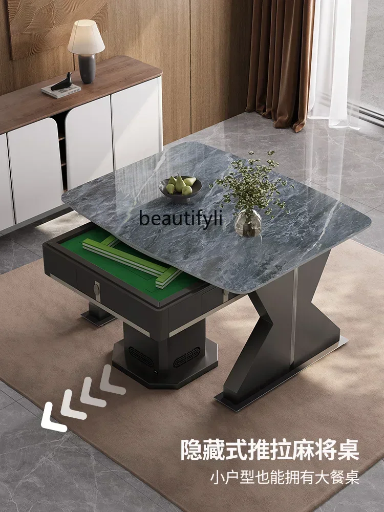 LXRock slab dining table mahjong table integrated household induction cooker automatic mahjong machine with fireSSS