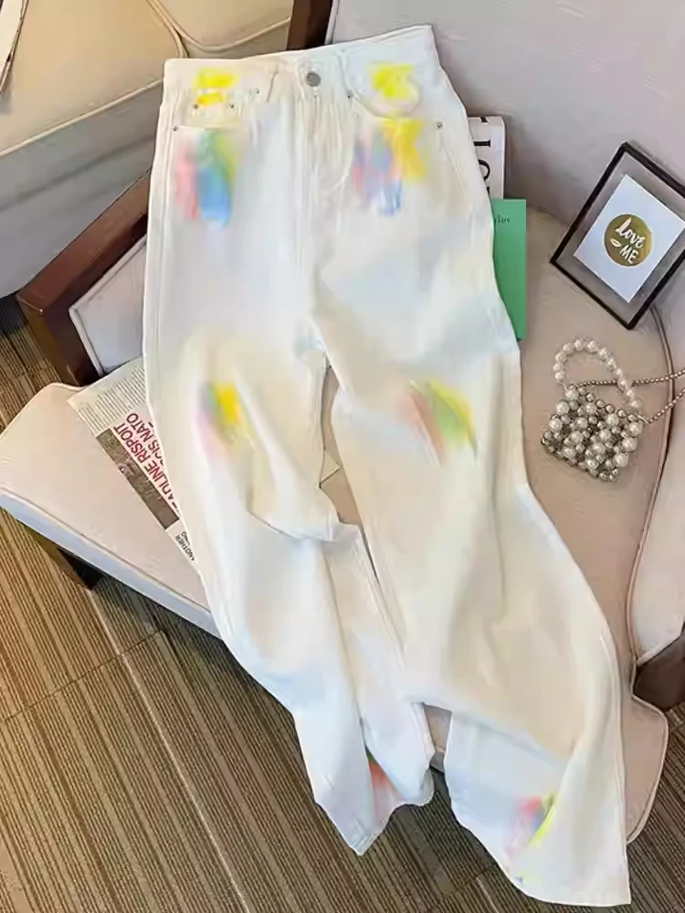 

Цветные женские джинсы с принтом тай-дай, весенне-осенние новые брюки в американском стиле с высокой талией, милые крутые прямые брюки