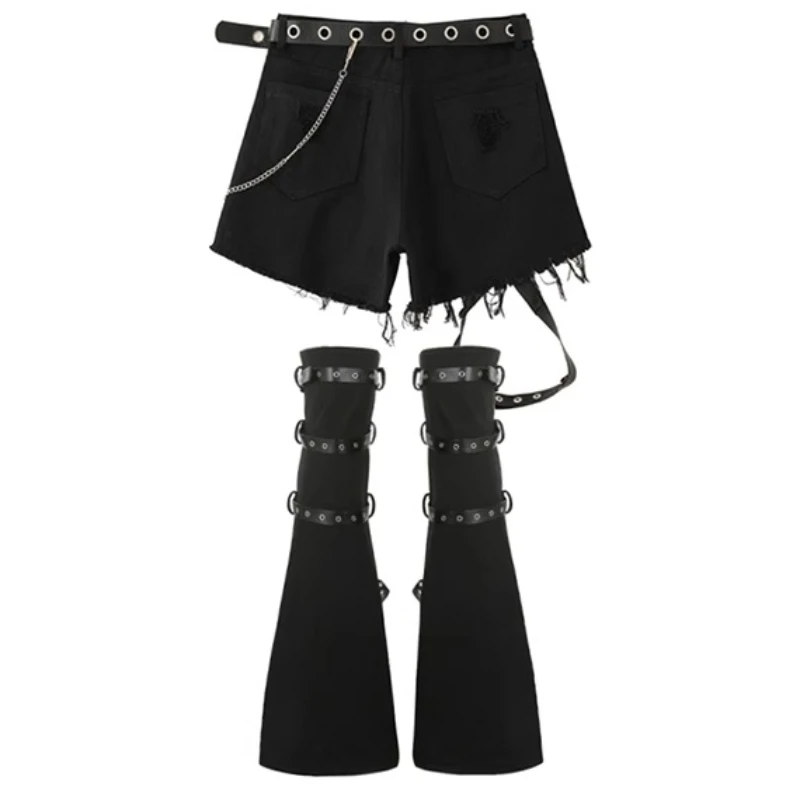 2025 New Japanese Dark Punk Style Frayed Feeling Hot High Waist Leather Buckle Leggings Micro-pull Socks Denim Shorts For Women