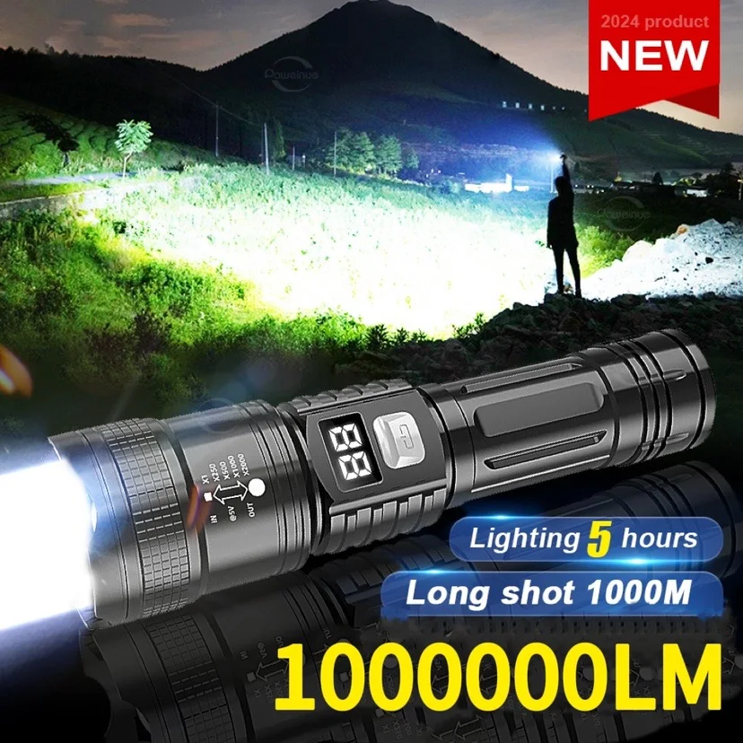 Powerful LED Flashlight High Power Tactical Light Power Display USB Rechargeable Light Telescopic Zoom Torch Camping Lantern