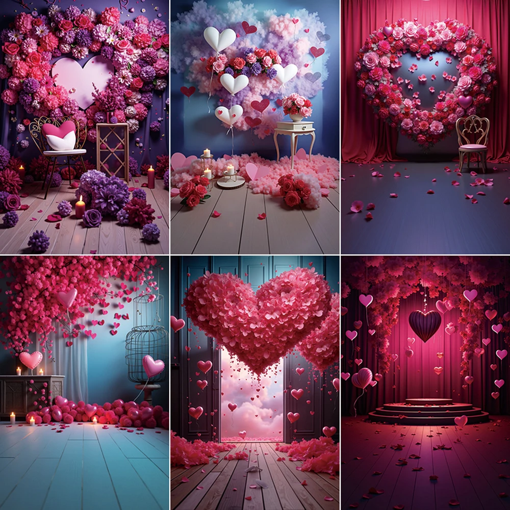 MOON.QG February 14 Valentines Photography Backdrop Wooden Floor Heart Balloon Flower Background Women Party Studio Photobooth