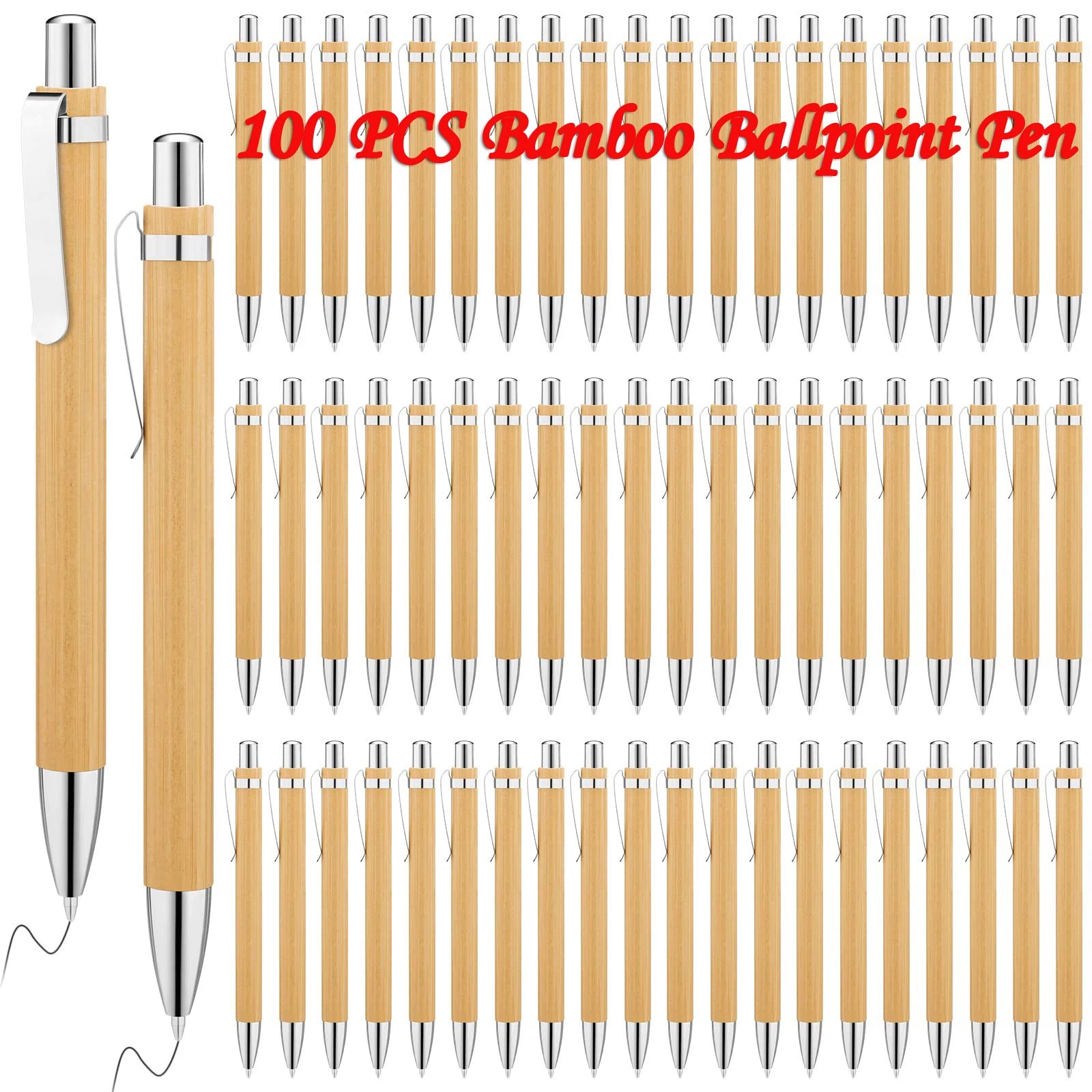 

100PCS Bamboo Wood Ballpoint Pen 1.0mm Tip Blue Black Ink Office School Writing Stationery Business Clip Signature Ball Pen