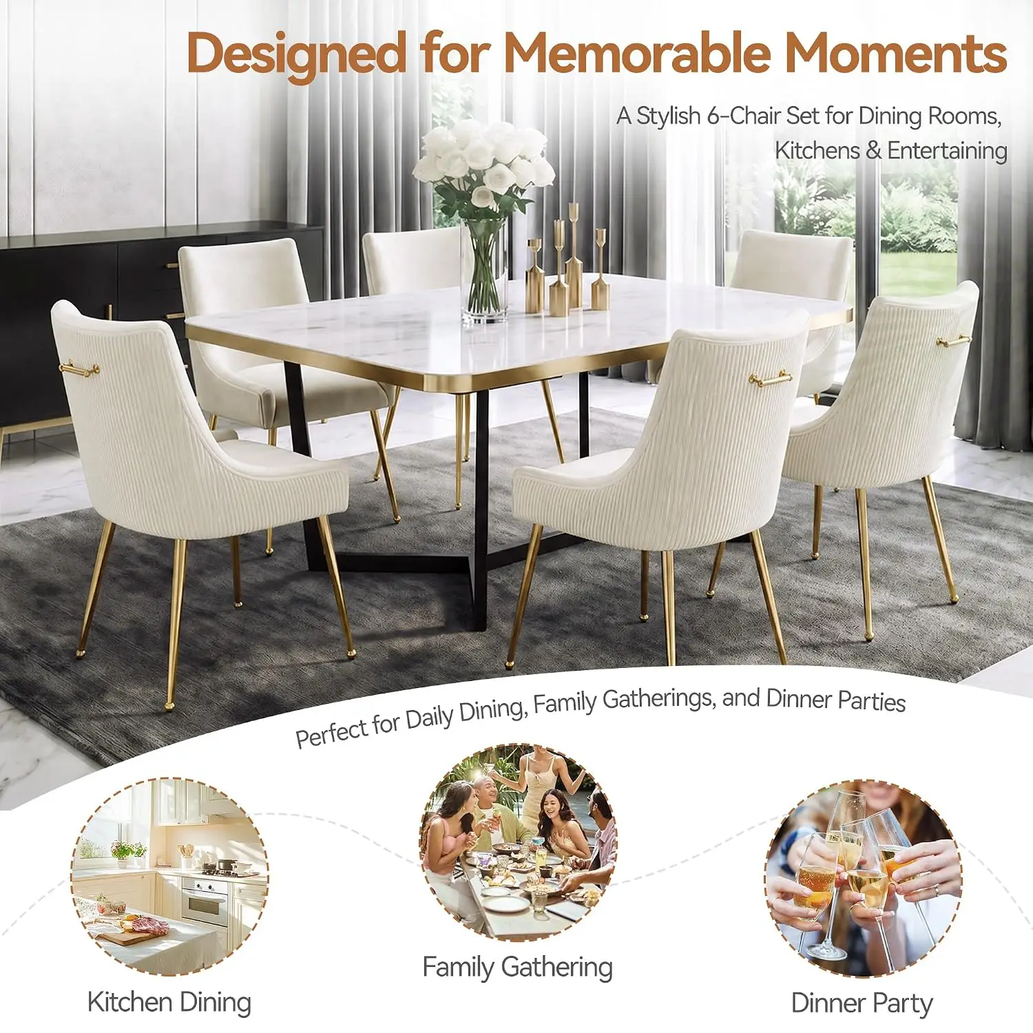 Velvet Dining Chairs Set of 4 Gold Legs Pleated Back Gold Pull Handle Mid Century Modern Dining Kitchen Living Room, Customized