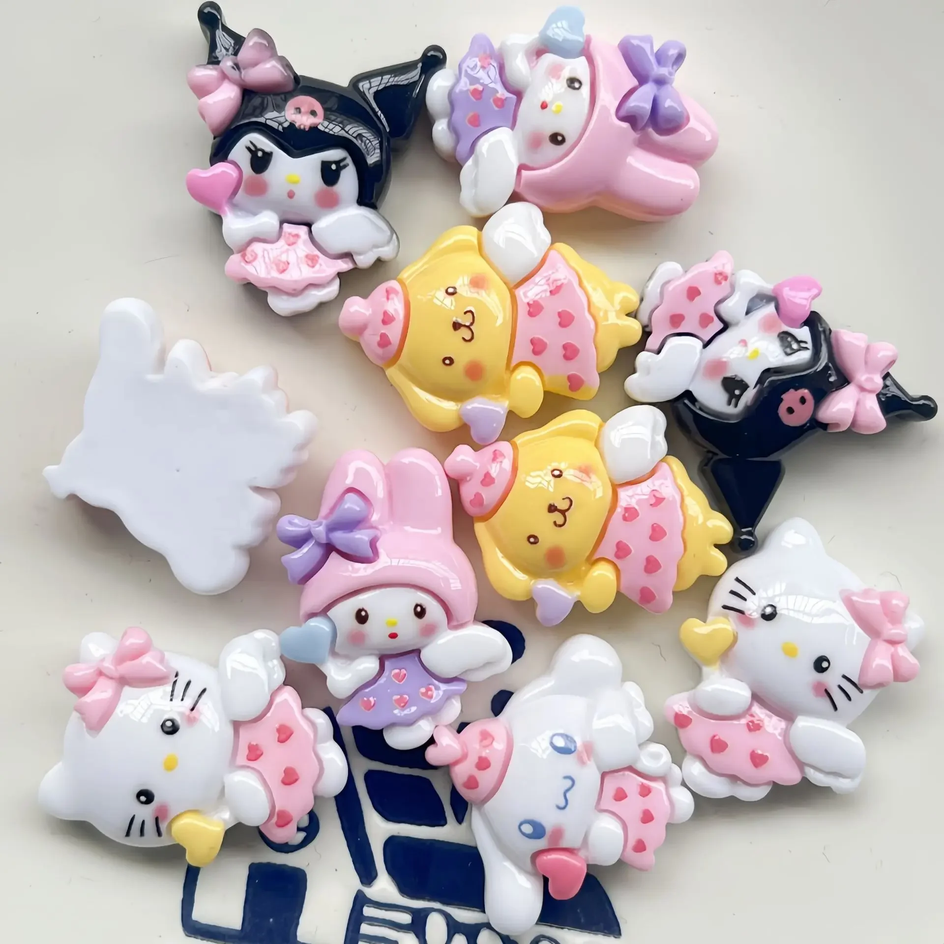 دبوس شعر كابوشون مسطح من راتنج الكرتون ، مواد مجوهرات ، إكسسوارات كرتون ، ملاك لامع ، قلب ، سانريو ، Serieshello ، كيتي ، 5