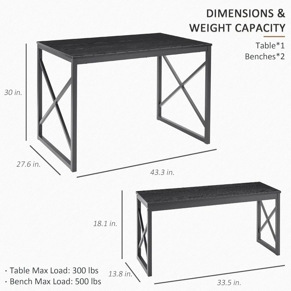 Kitchen Table with 2 Benches for 4, Wood Dining Room Dinette Sets with Metal Frame for Breakfast Nook and Small Space, Bl