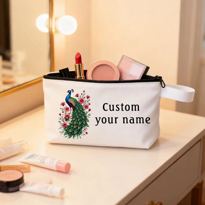 

Custom Name Cosmetic Bag Organizers Peacock Pattern Pouch Storage Organizer Travel Practical Accessories Pencil Cases Makeup Bag