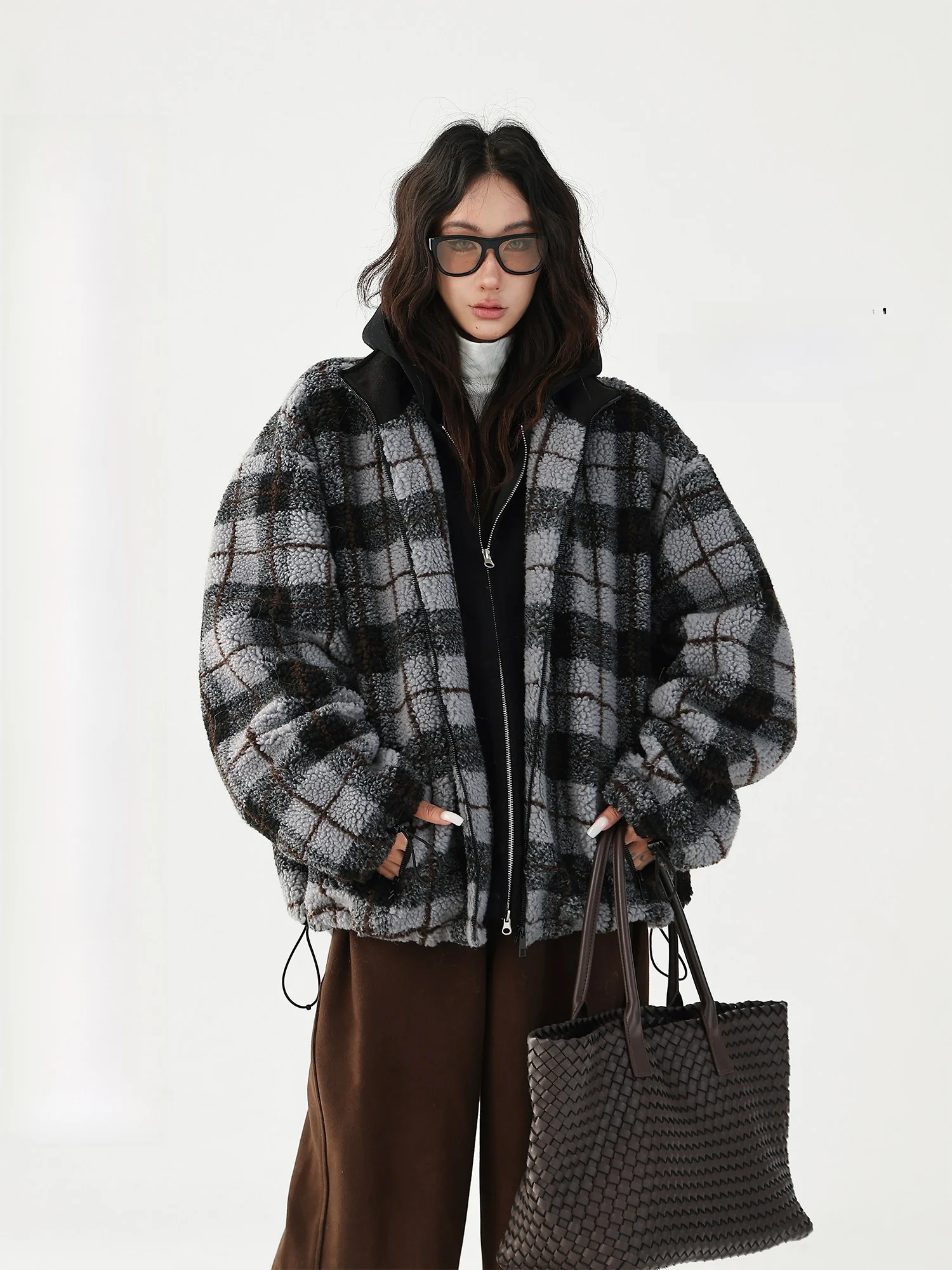 

AceStudios Retro Academic Sle Faux eepskin Zipper Loose Thiened Fce Stand Collar Jaet Women's Winter Outerwear