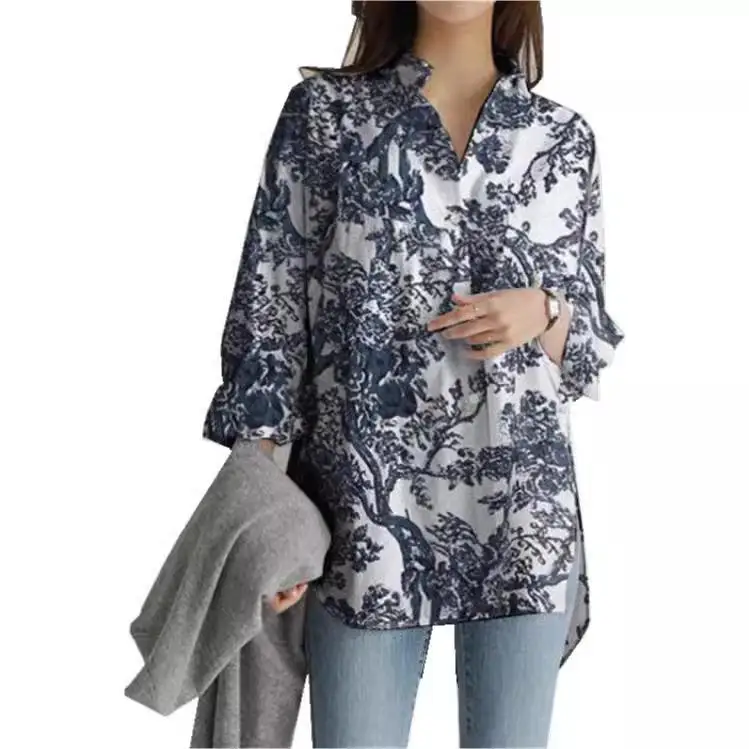 

Осенний женский топ Long Sve irt для поездок на работу, свободный крой, полиэфирная ткань, дизайн с принтом, обычный тонкий Fem Faion