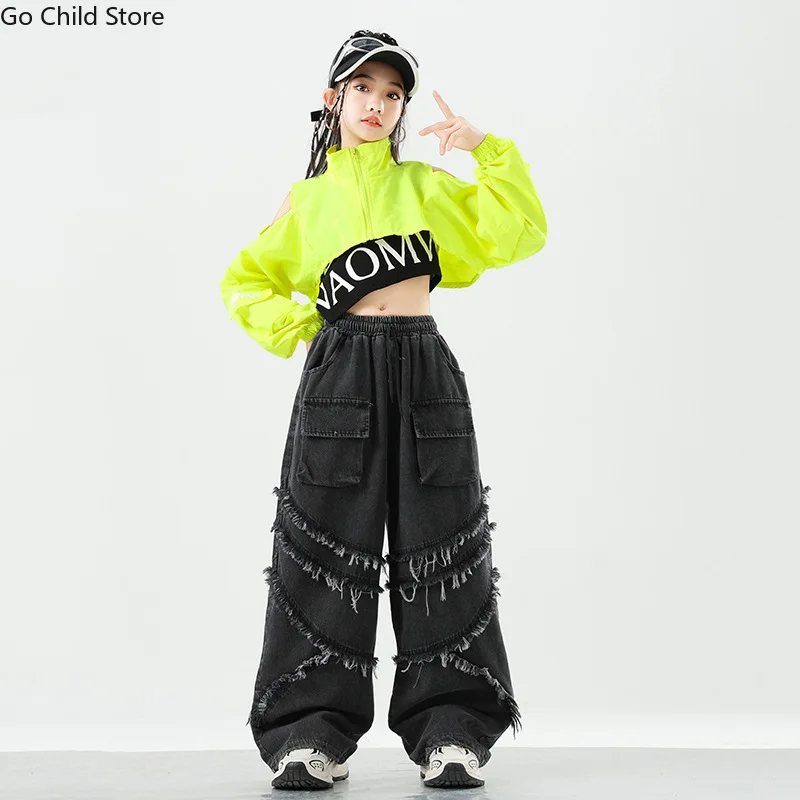 Girls K-pop Crop Jacket Dance Loose Cargo Jeans Kids Hip Hop Streetwear Denim Pants Children Jazz Girl Group Costume Clothes Set