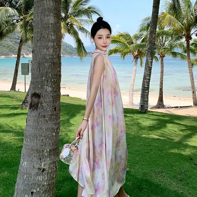 

2024 New Lolita Women Stand Collar Beach Robe Luxury Designer Summer Pink Purple Loose Female Y2K Swinging Casual Long Sundress