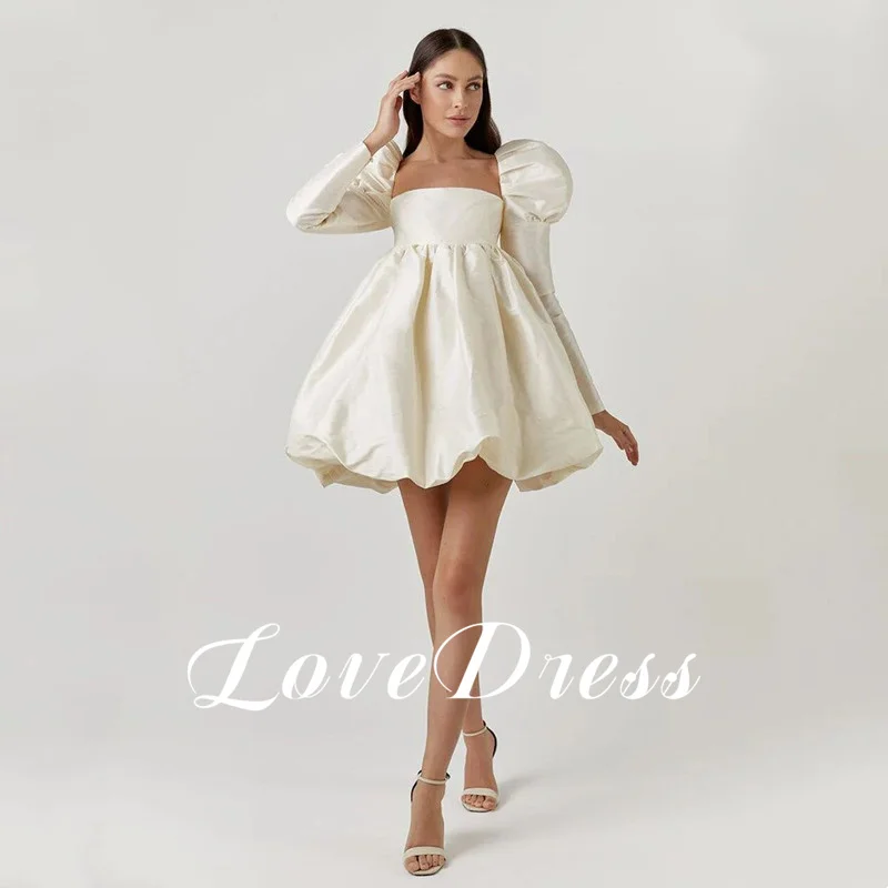 Lovedress Eenvoudige Satijnen Mini Trouwjurken Strand Vierkante Kraag Lange Mouwen Baljurken Sexy Rugloze Veters Vestido De Novia