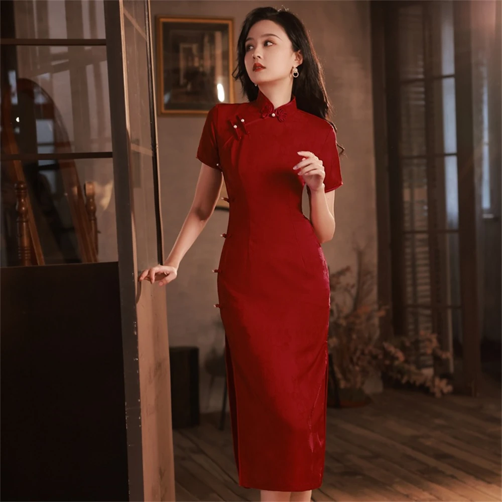 

Bride Wedding Party Wine Red Cheongsam Qipao Girl Temperament Chinese Traditional Dress Spring Summer Short Sleeve Robe Chinoise