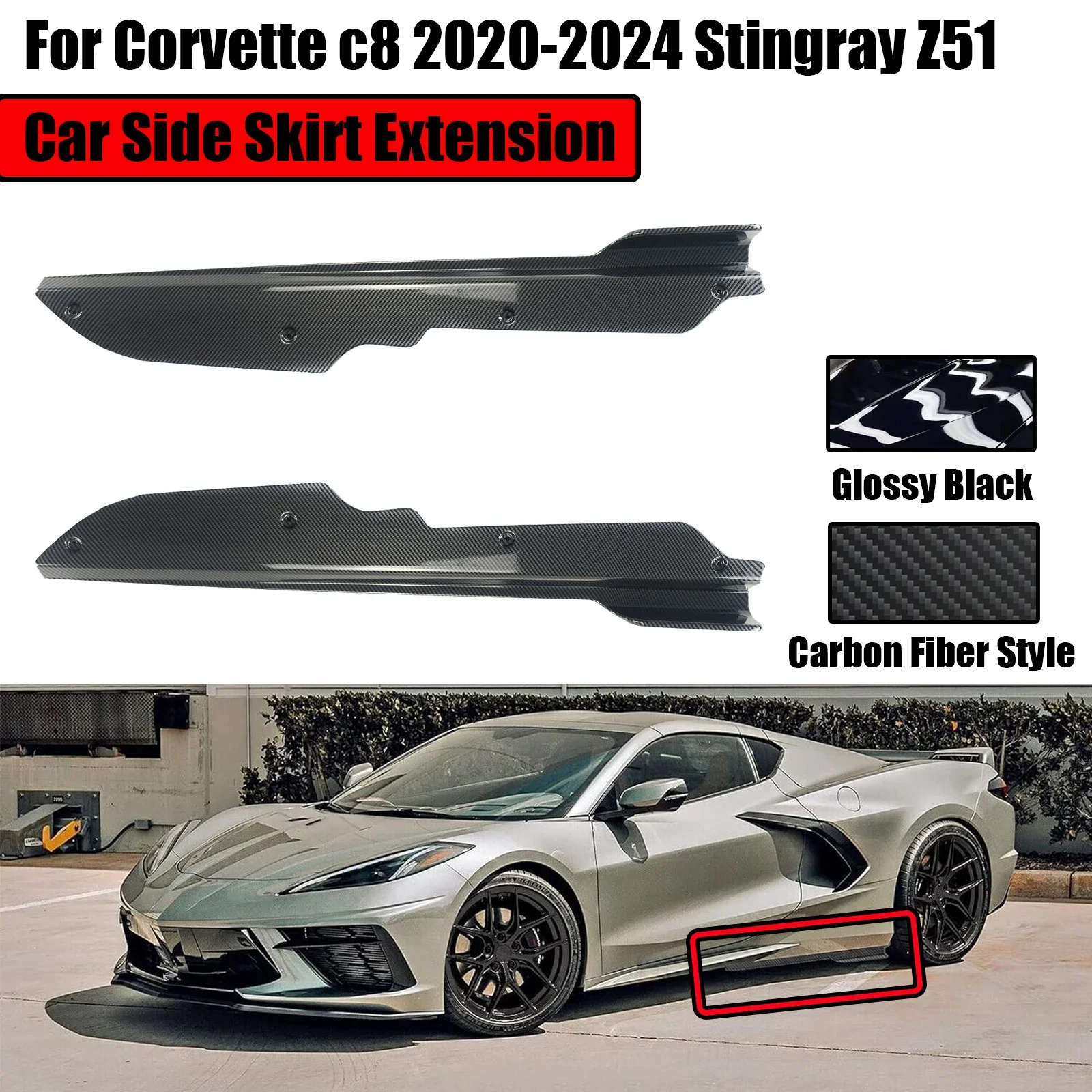 2Pcs Side Skirt Extension Splitters For Chevrolet Corvette C8 Stingray&Z51 2020-2024 Winglet Lip Carbon Fiber Style Glossy Black