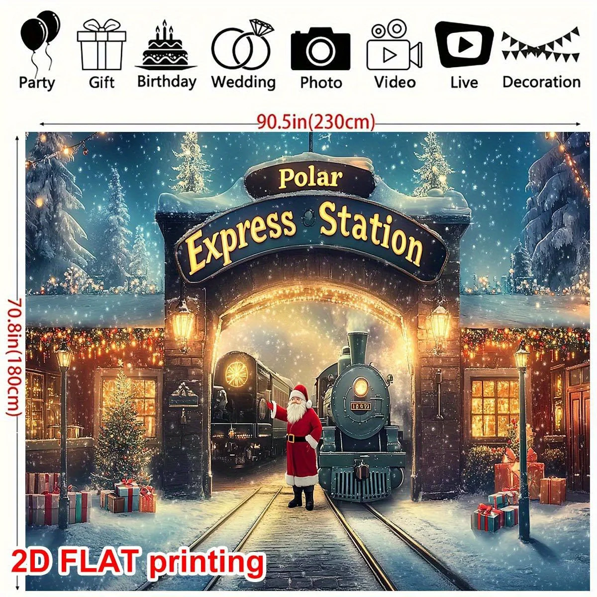 1 ديكور محطة عيد الميلاد Polar Express العتيقة - قماش خلفية وصول سانتا كلوز، نمط ندفة الثلج، بوليستر