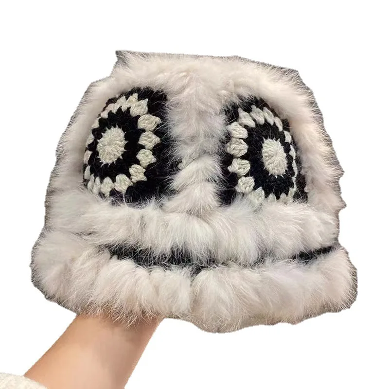 Handmade Hook Flower Rabbit Fur Hats Knitted Warm Genuine Mink Tiger Cap Russian Women Luxury Panama Lion Wool Kpop Gorras