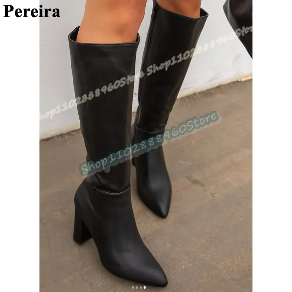 الركبة عالية جلد أسود أسلوب بسيط مدبب الأحذية مكتنزة أحذية عالية الكعب للنساء الجانب سستة أشار تو مضخات عصرية غير رسمية