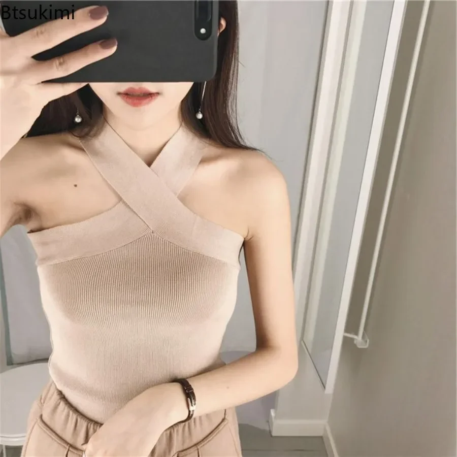 2024 canottiere da donna Sexy lavorate a maglia Cross Halter Backless canotte moda estiva ragazze Slim maglieria fasciatura Cropped Top Lady gilet Top