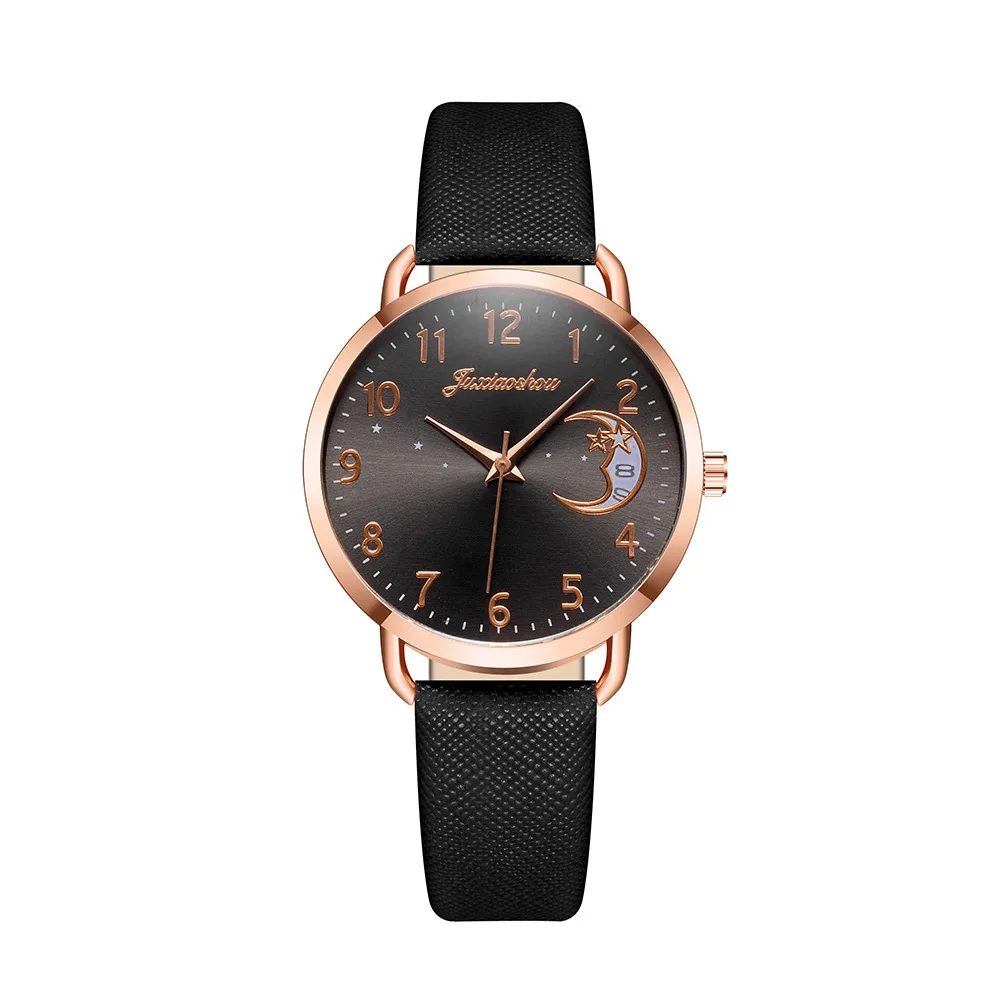 

2024 Simple Elegant Moon Numbers Dial Bracelet Watch for Women Set Ladies Leather Band Quartz Wristwatch Female Clock