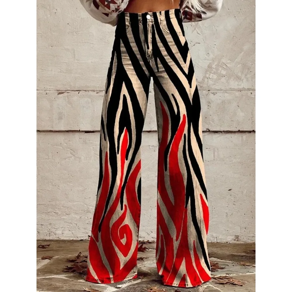 Damen Y2K Retro Print High Waist Wide Leg Pants Hip Hop Punk Streetwear Ästhetische Lässige Weite Hosen mit Taschen XXS-3XL – Detail 6