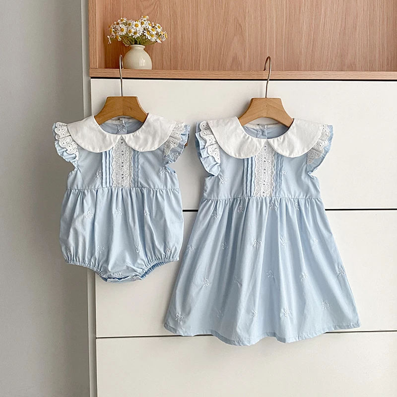 2026 New Summer Infant Baby Romper Sleeveless Cotton Baby Girl Blue 0-24M Bodysuit 2-6Yrs Kids Princess Print Dress Sister Dress