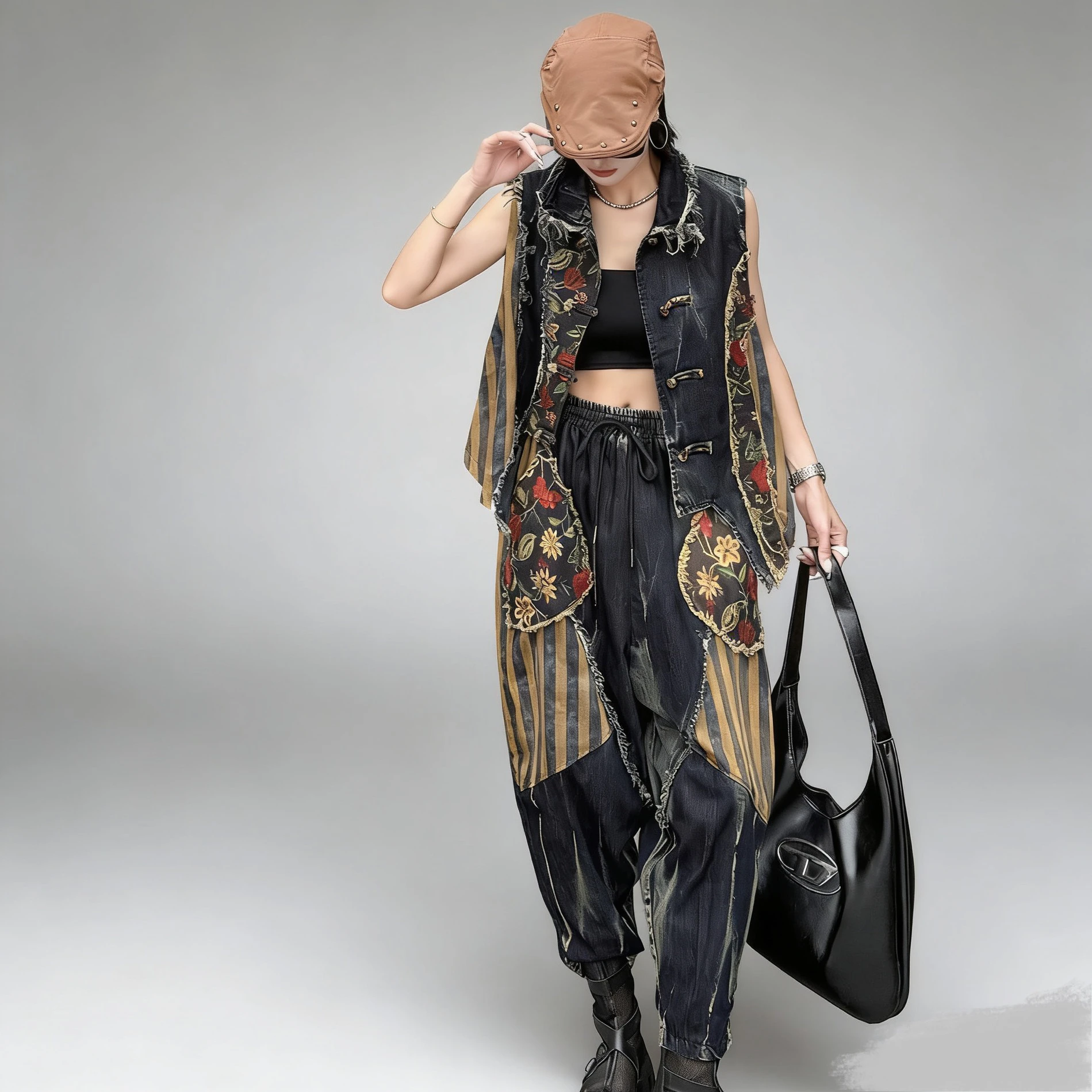 Chinese-style Embroidered Pant Set Women Spring-summer Loose Denim Vest + Elastic-waist Harem Pants Two Piece Set LX5742