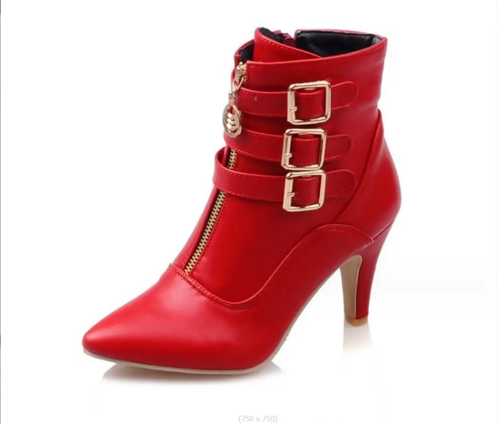 

Winter Autumn Women Boots Spring High Heels Ankle Boots Pointed Toe Buckle Boots Red Ladies Shoes High heel boots Large size