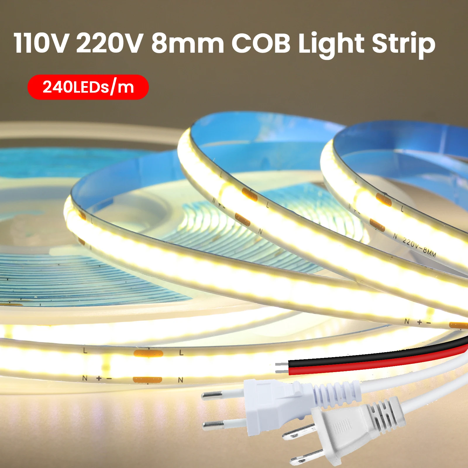 

AC 220V 110V COB LED Strip 5M 10M 20M 50M Flexible LED Tape Ribbon with 2pin Cable/EU US Plug 240LEDs Density Linear Light