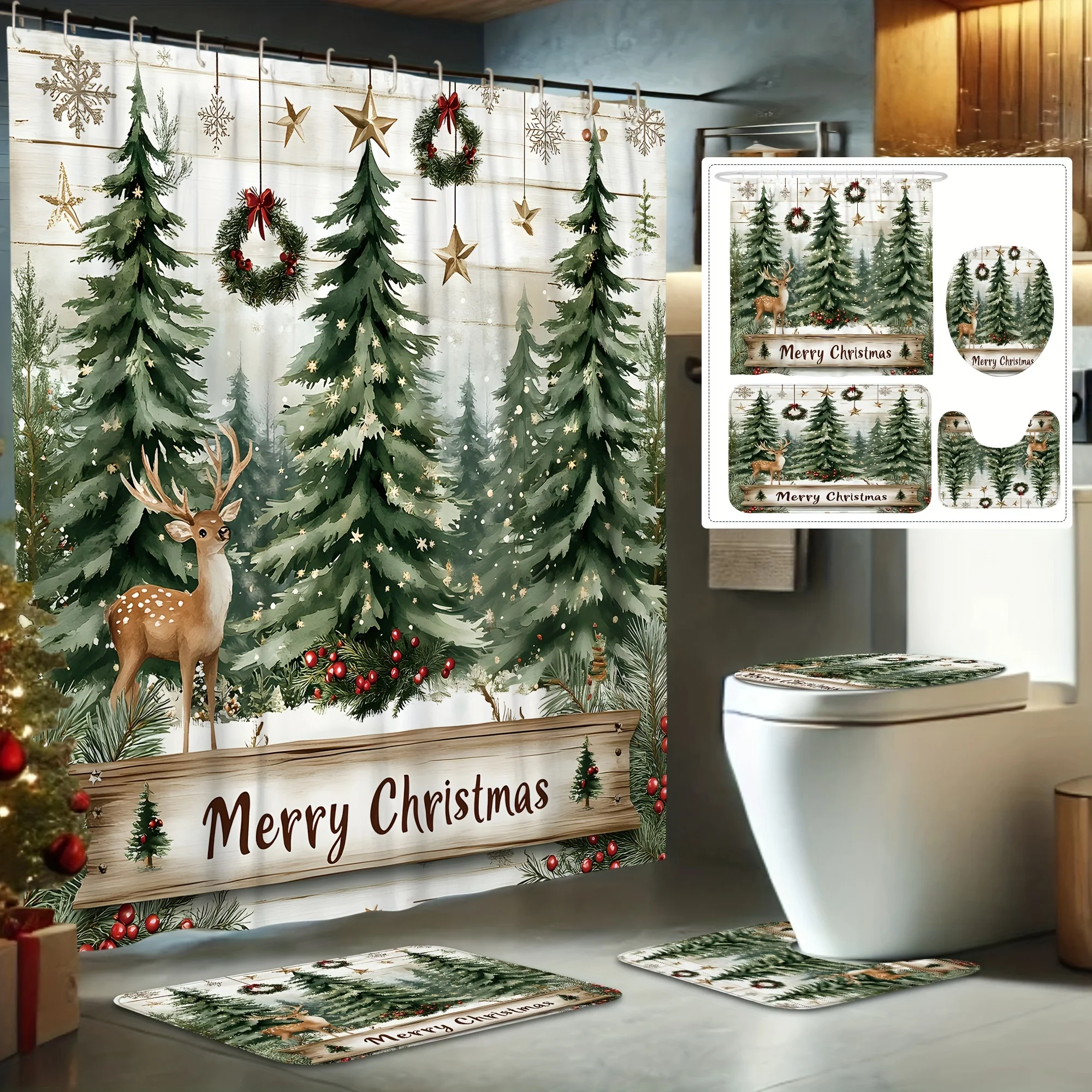 

4PCS Christmas Shower Set – Tree Reindeer Wreath Holly Farmhouse Green 12 Hooks Non-Slip Mat U-Seat Cover Holiday Decor