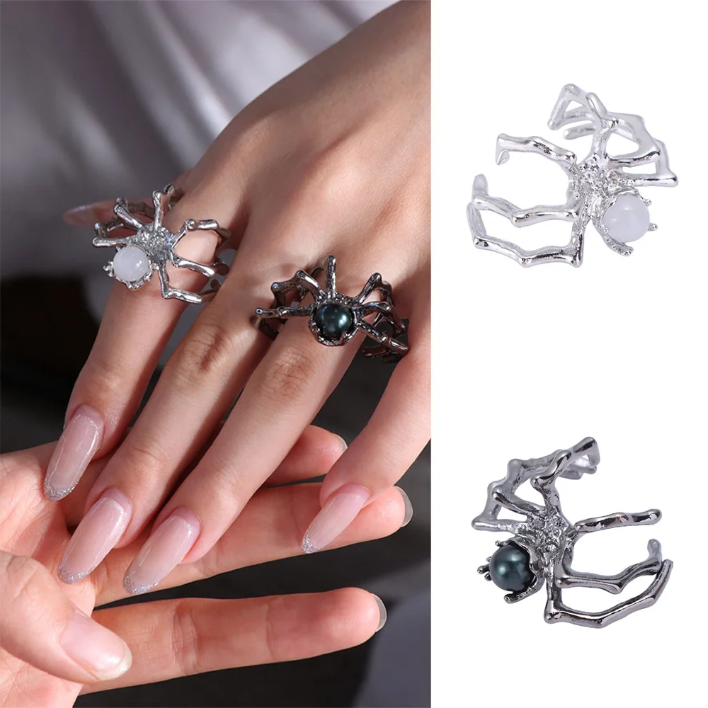 Fashion Alloy Open Ring Punk Black Color Spider Ring Moonstone Gem Gothic Finger Ring Fashion Accessories