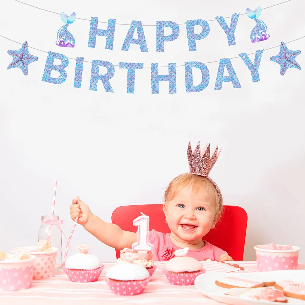 

1 Set Mermaid Theme Ocean Hanging Banner Cupcake Picks Birthday Party Decorations Cake Supplies For Beach Home Atmosphere Diy